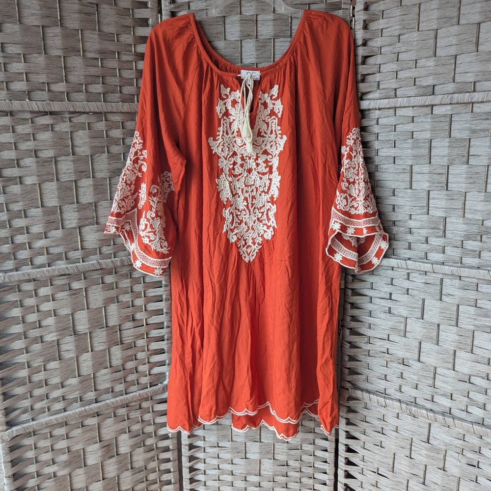 Chic Connection Mini Shift Dress Orange White Embroidered Bell Sleeve 1X Boho